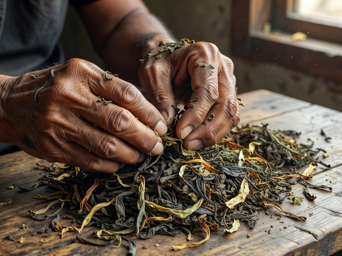 Weathered hands sorting dried tea leaves