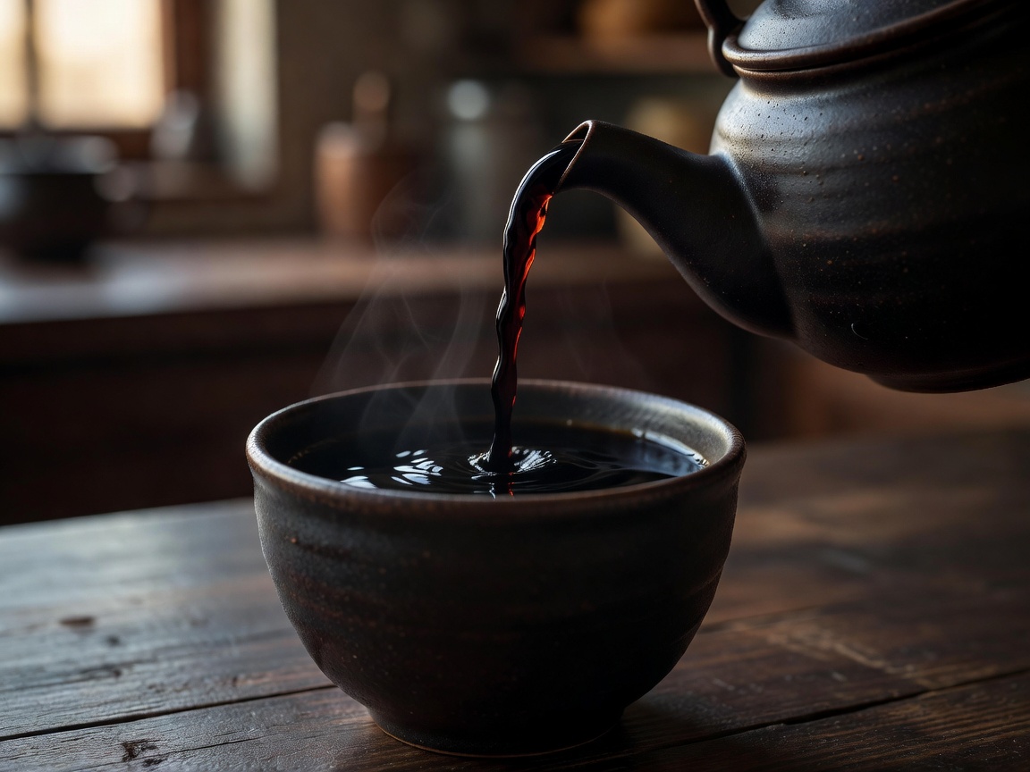 Dark black tea pouring into a ceramic cup