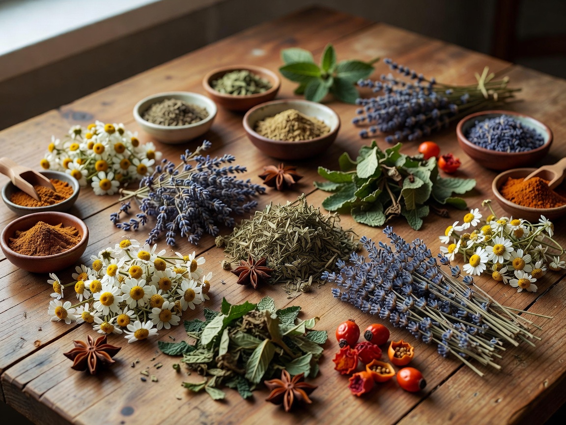 Assorted dried herbs, flowers, and spices on a wooden table