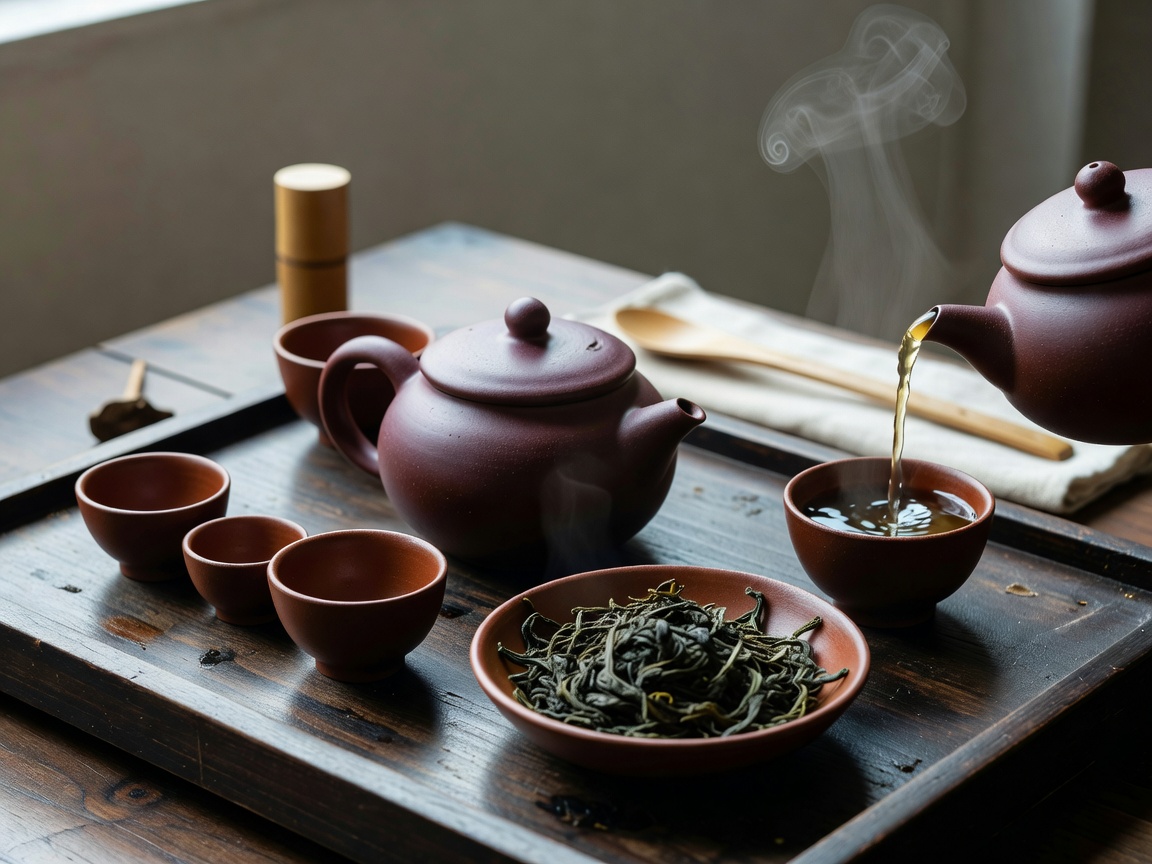 A traditional Gongfu tea ceremony setup with small clay pots
