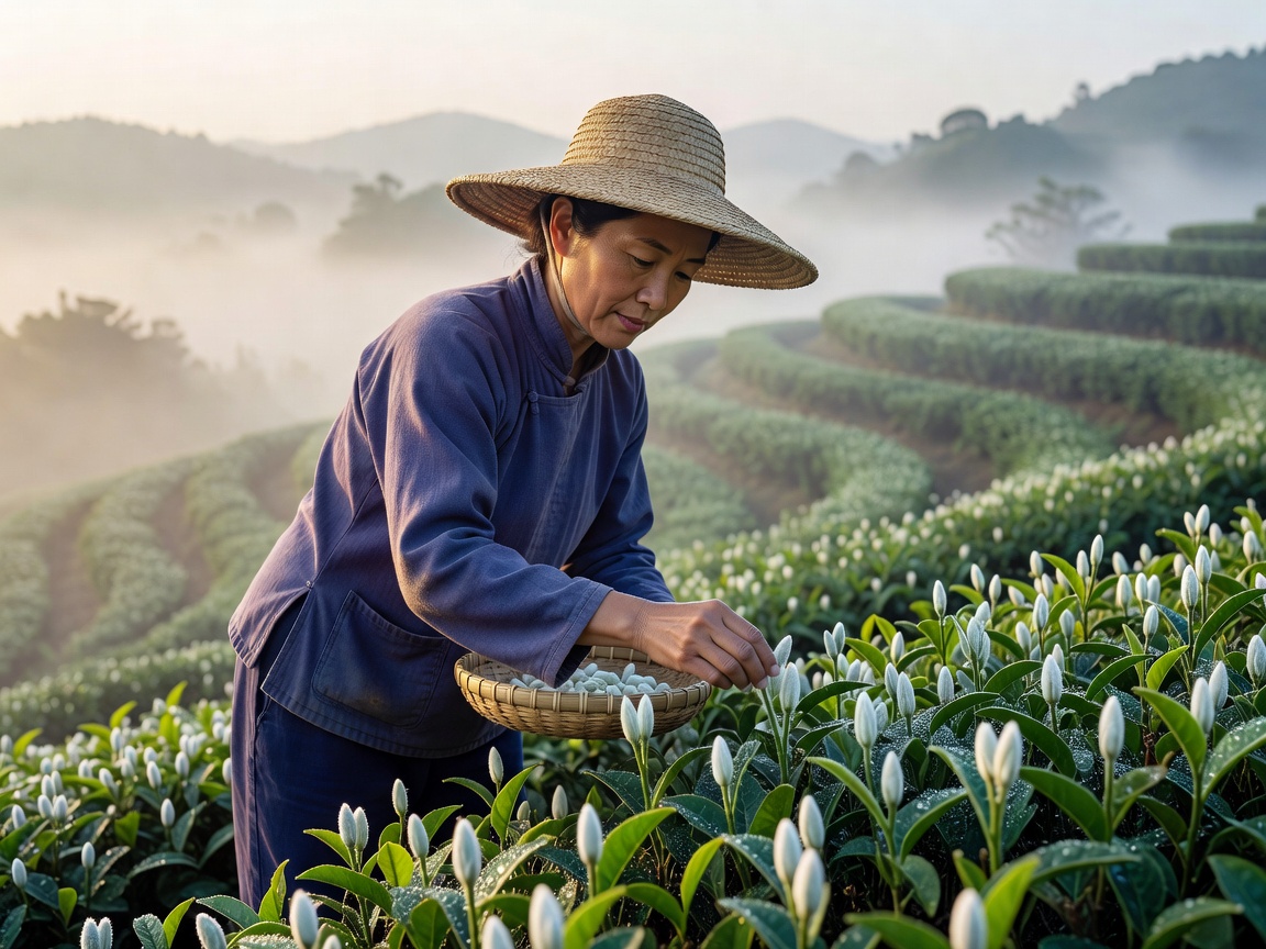 A worker gently plucking early spring tea buds